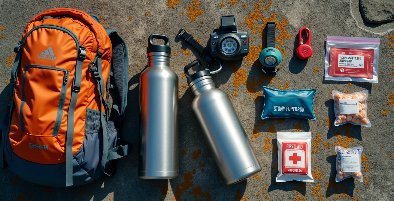 Équipement de randonnée essentiel disposé sur rocher calcaire incluant sac à dos, lampe frontale et gourde