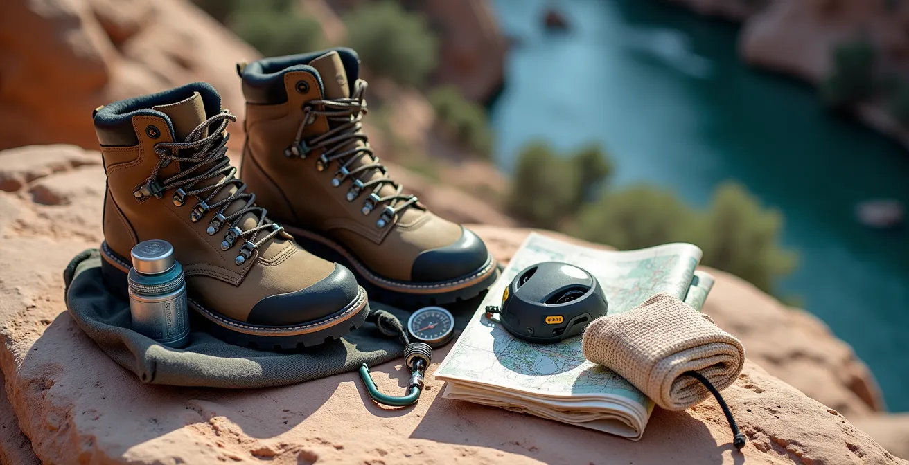 Équipement de randonnée essentiel disposé sur rocher calcaire avec vue sur les gorges