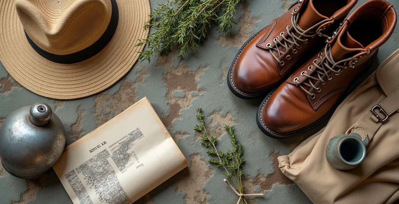 Nature morte montrant l'équipement essentiel pour visiter un village perché : chaussures de randonnée, gourde, sac à dos