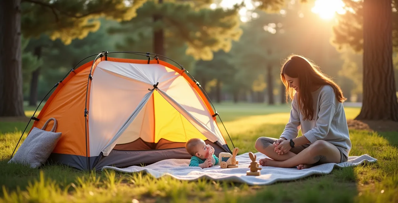 Espace de camping sécurisé pour bébé avec parc pliant et moustiquaire sous pin parasol