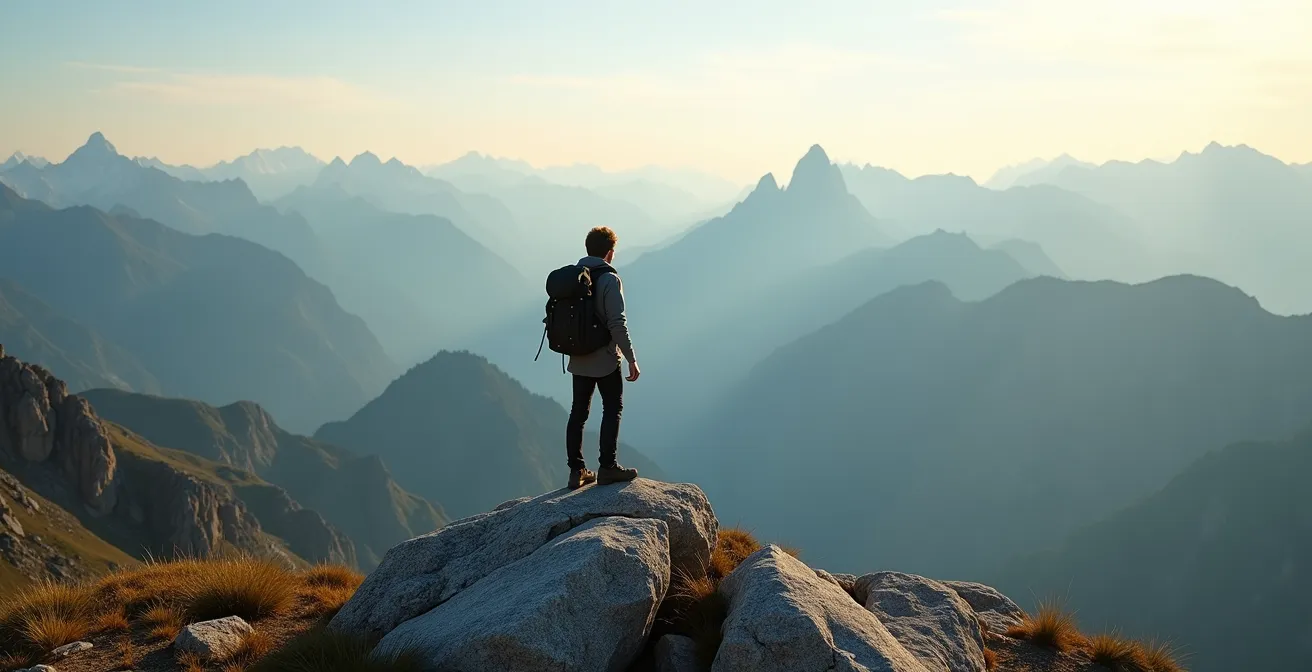 Randonneur solitaire contemplant l'immensité depuis un plateau d'altitude dans le silence absolu
