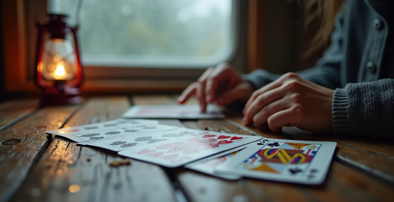 Famille jouant aux cartes dans mobil-home pendant jour de pluie