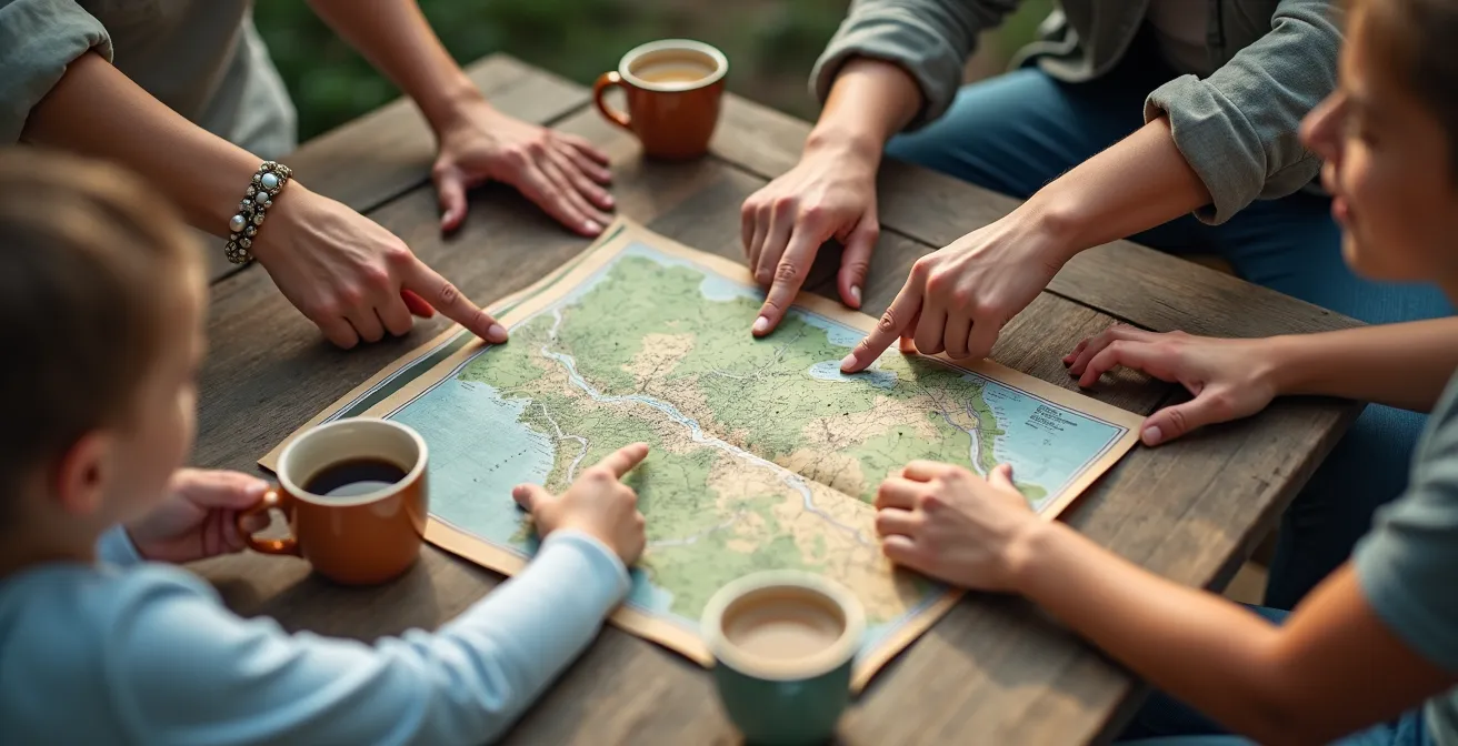 Parents et enfants étudiant une carte sur une table de camping au petit matin