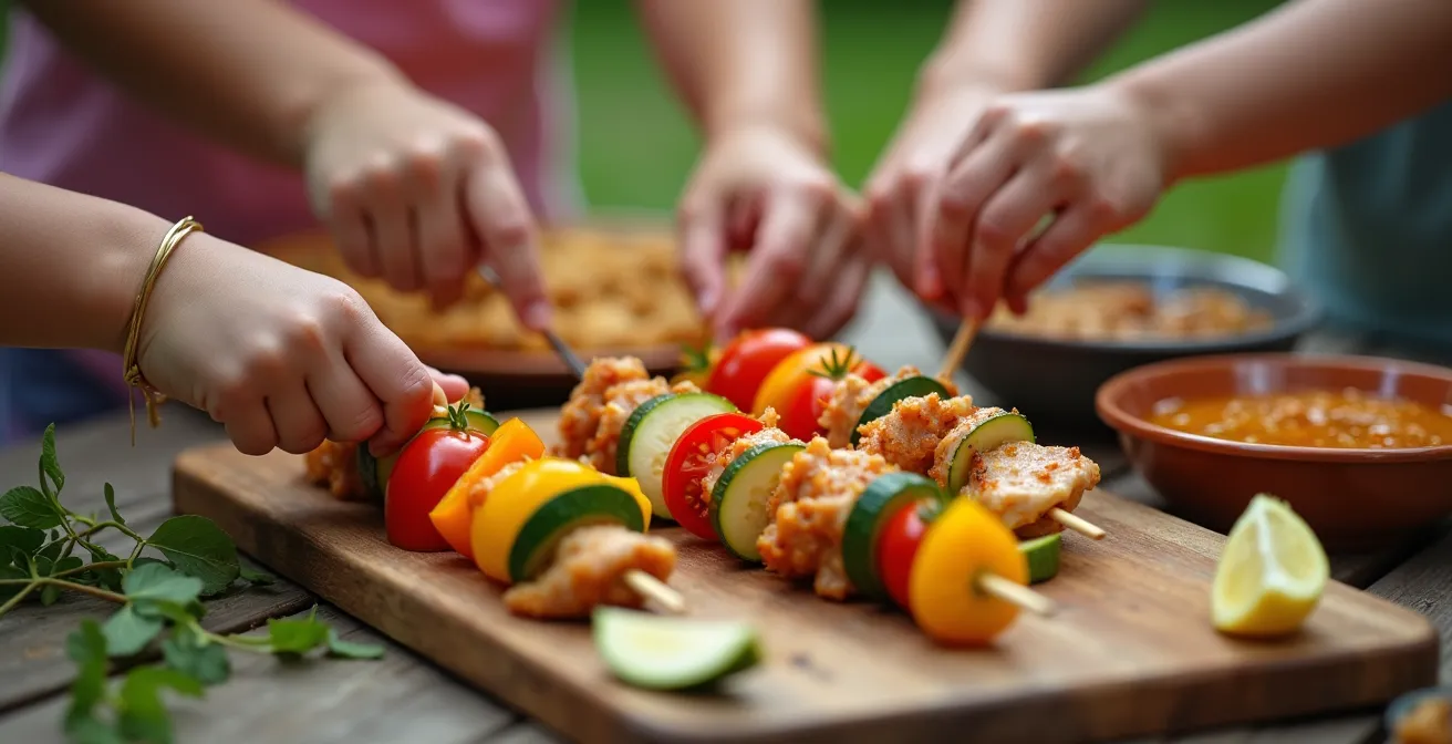 Enfants préparant joyeusement des brochettes colorées sur une table de camping