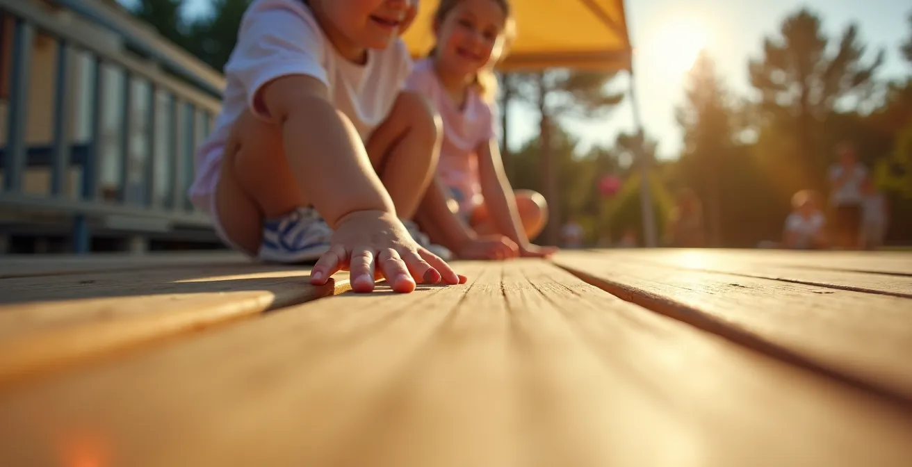 Famille découvrant leur mobil-home pour la première fois avec enfants excités sur la terrasse