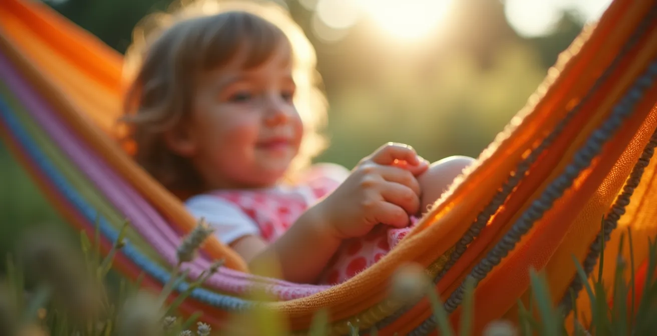 Enfant lisant paisiblement dans un hamac coloré entre deux pins maritimes