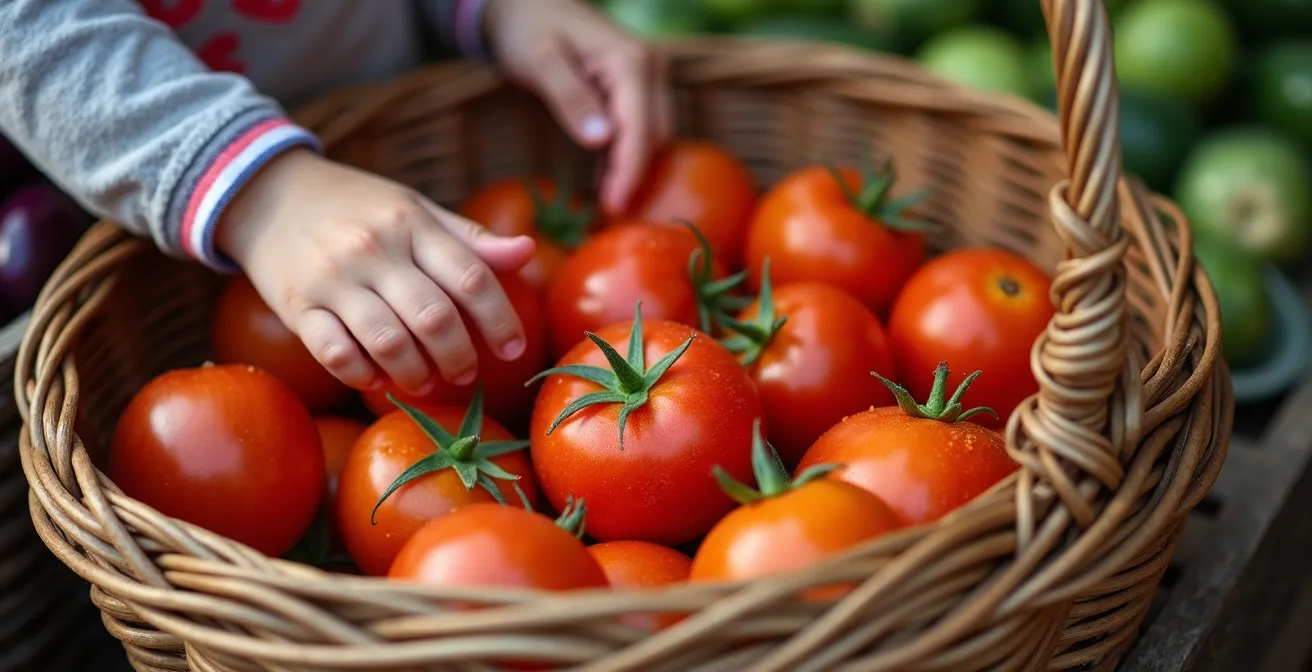 Enfants choisissant des légumes colorés sur un marché provençal traditionnel