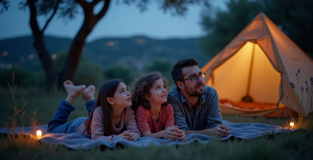 Famille observant les étoiles depuis leur emplacement de camping en Provence