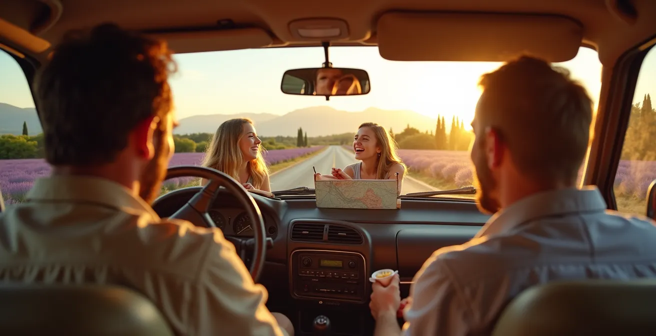 Famille en voiture traversant les paysages de Provence avec ambiance musicale
