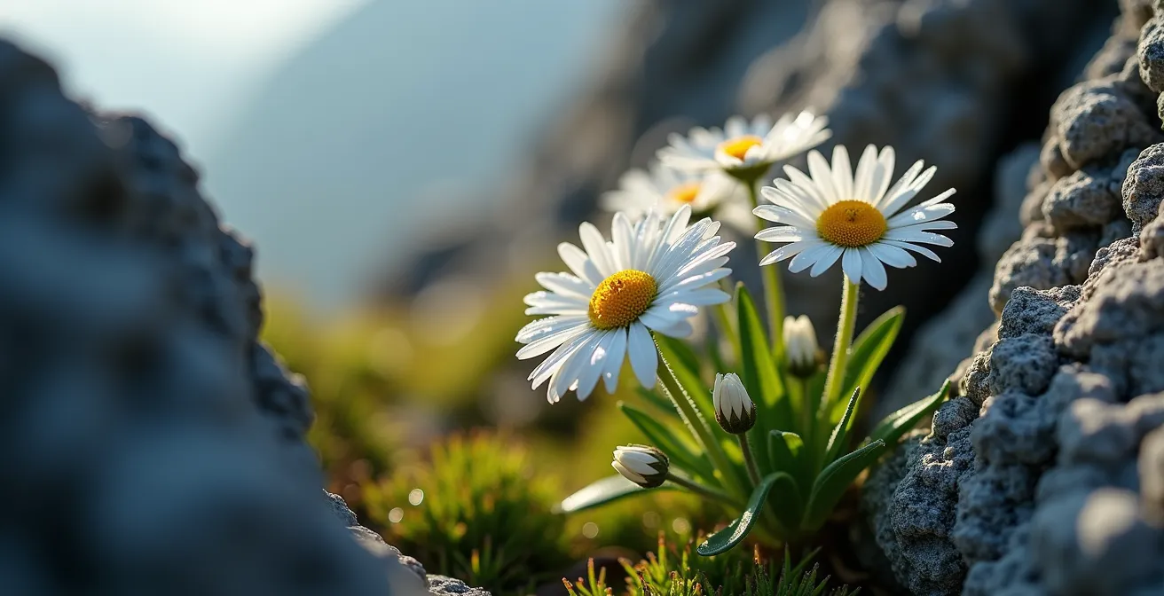 Gros plan macro sur edelweiss et génépi dans leur habitat rocheux naturel