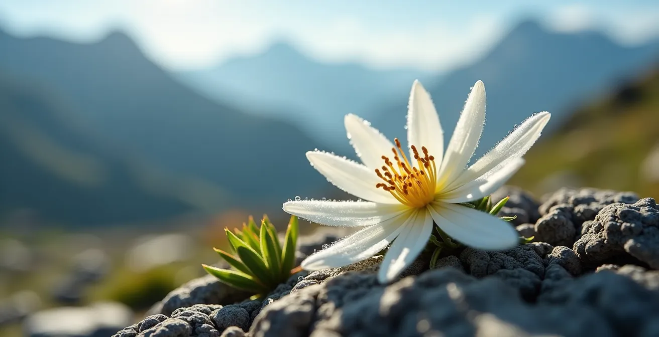 Photographie macro d'une fleur d'edelweiss dans son milieu naturel rocheux des Alpes-de-Haute-Provence