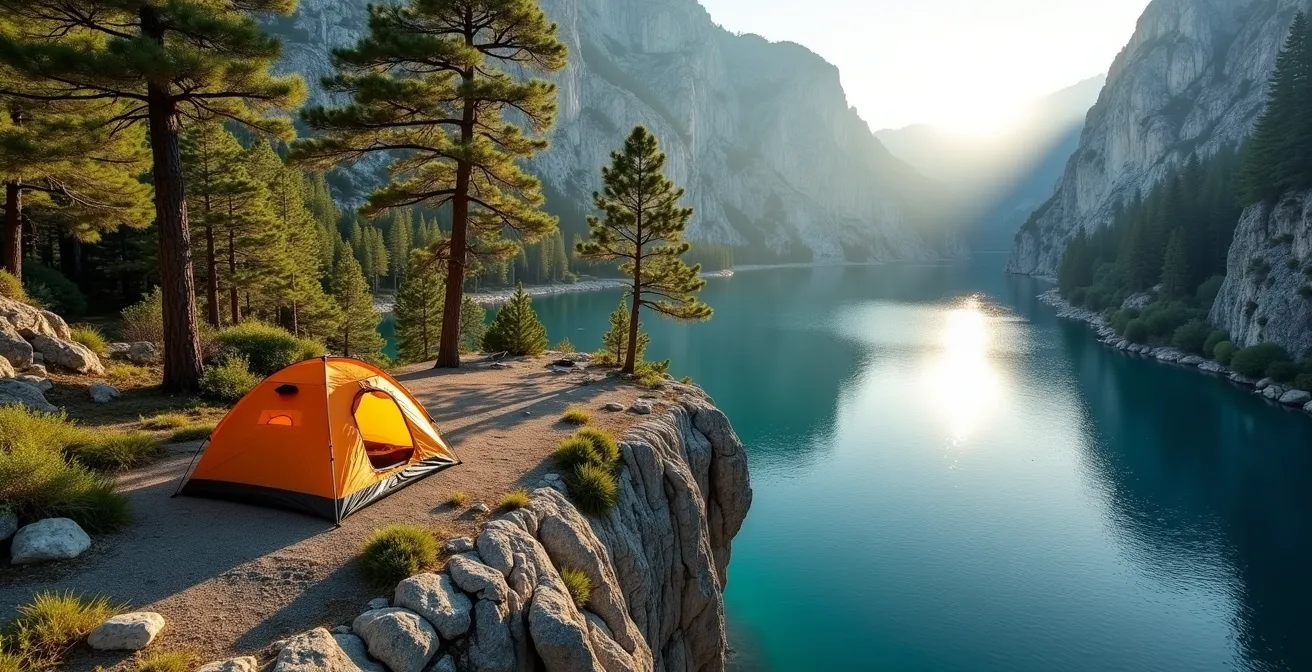 Vue aérienne d'un camping surplombant les eaux turquoise du lac de Sainte-Croix avec les gorges du Verdon en arrière-plan