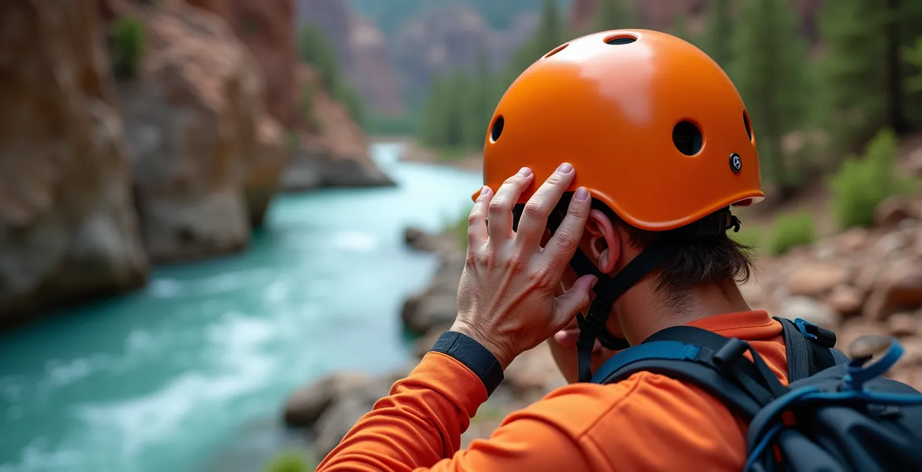 Guide diplômé vérifiant l'équipement de sécurité avant une sortie rafting