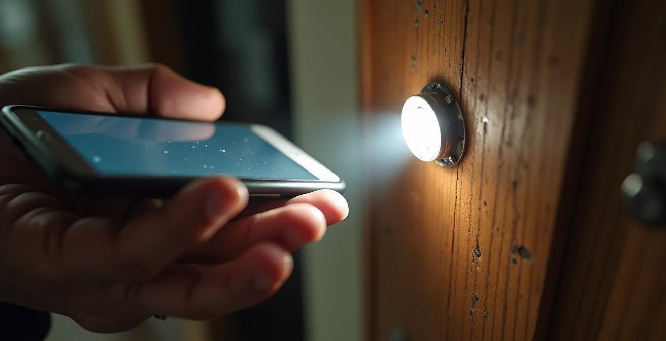 Personne inspectant minutieusement l'intérieur d'un mobil-home avec une lampe