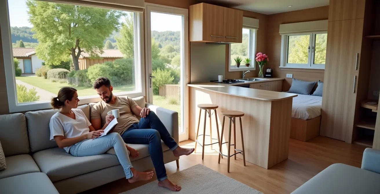 Intérieur confortable d'un mobil-home avec vue sur terrasse ombragée en Provence