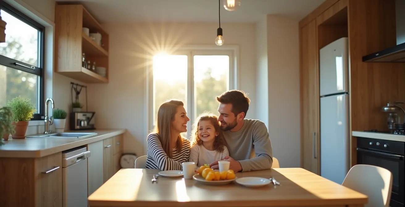 Intérieur moderne d'un mobil-home premium avec cuisine équipée