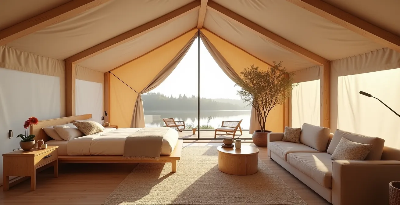 Intérieur douillet d'une tente lodge avec lit double et décoration soignée