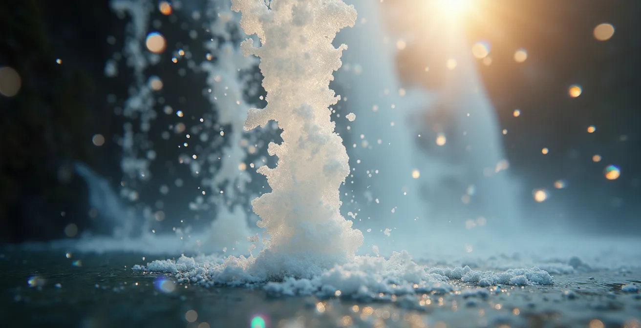 Gros plan sur les gouttelettes d'une cascade de montagne créant un effet de brume avec arc-en-ciel