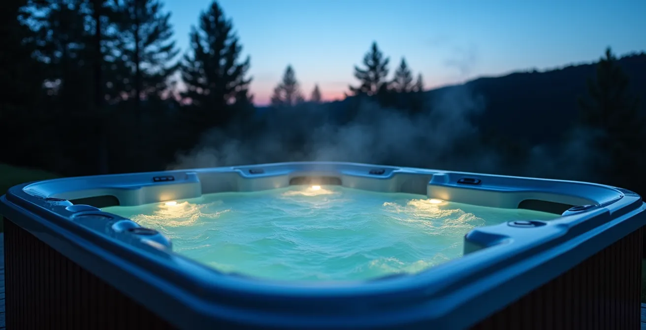 Vue en plongée sur un jacuzzi bouillonnant sur une terrasse en bois au crépuscule, ambiance spa intimiste