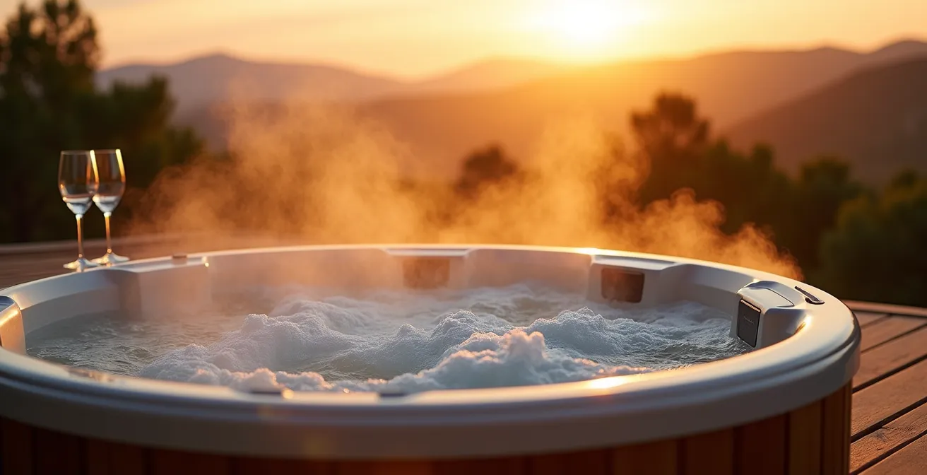 Jacuzzi bouillonnant sur terrasse en bois avec vue montagne au crépuscule