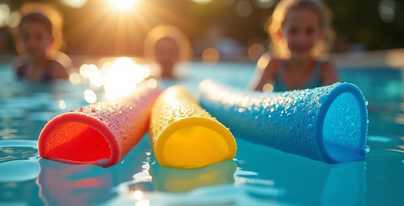 Famille jouant avec ballon et frites colorées dans une piscine de camping