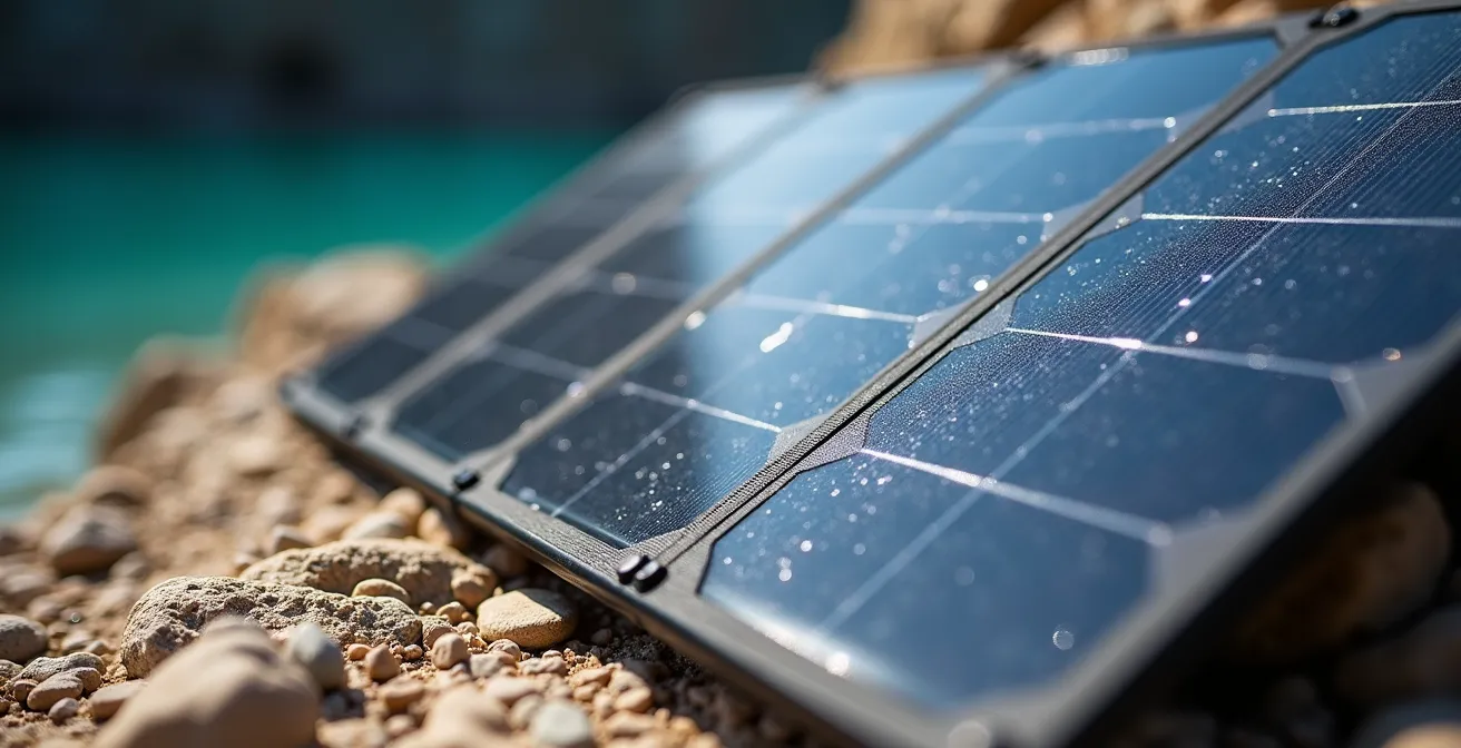 Panneau solaire pliant déployé sur rocher avec vue sur les gorges du Verdon en arrière-plan