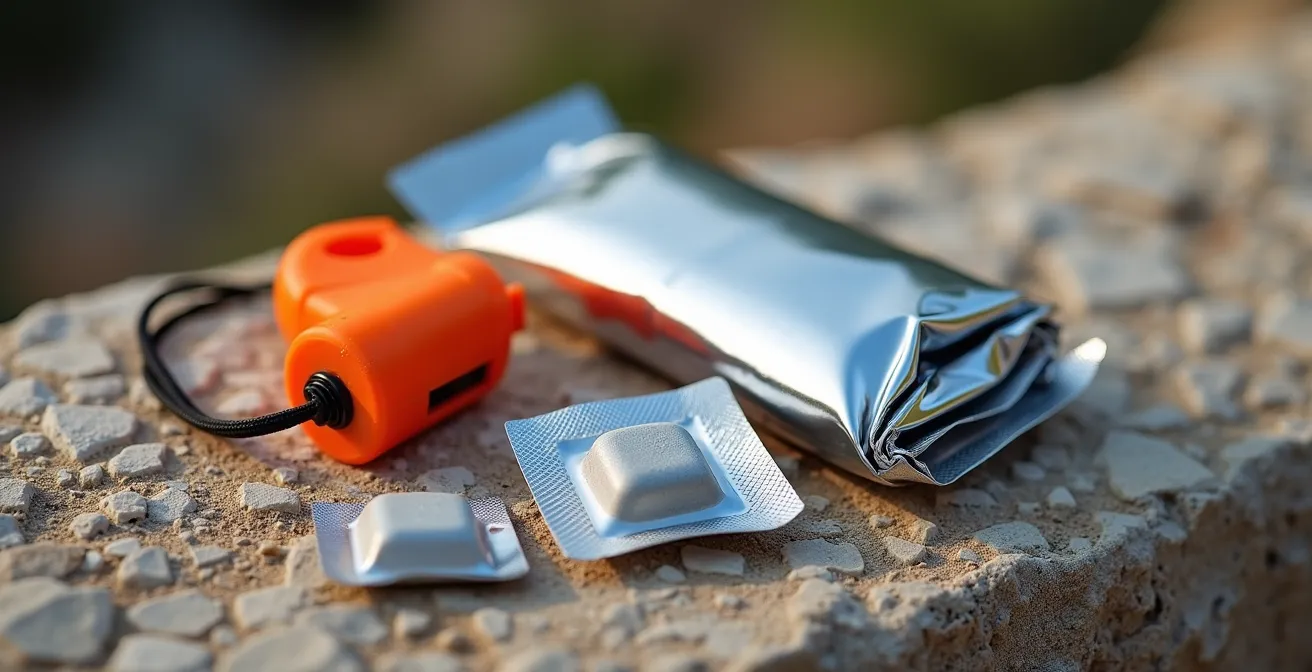 Kit de micro-secours étalé sur une roche avec sifflet, couverture de survie et pastilles de purification