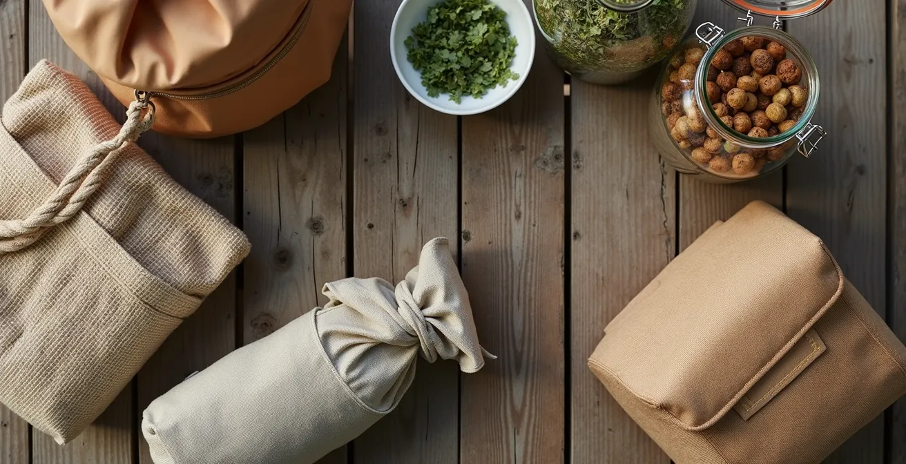 Gros plan sur un kit de camping zéro déchet avec bocaux en verre, sacs en tissu et mini-composteur bokashi