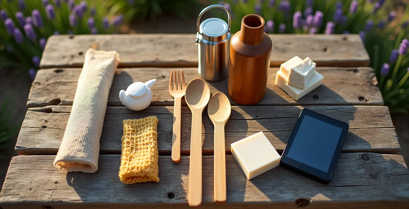 Kit zéro déchet du campeur éco-responsable disposé sur une table en bois
