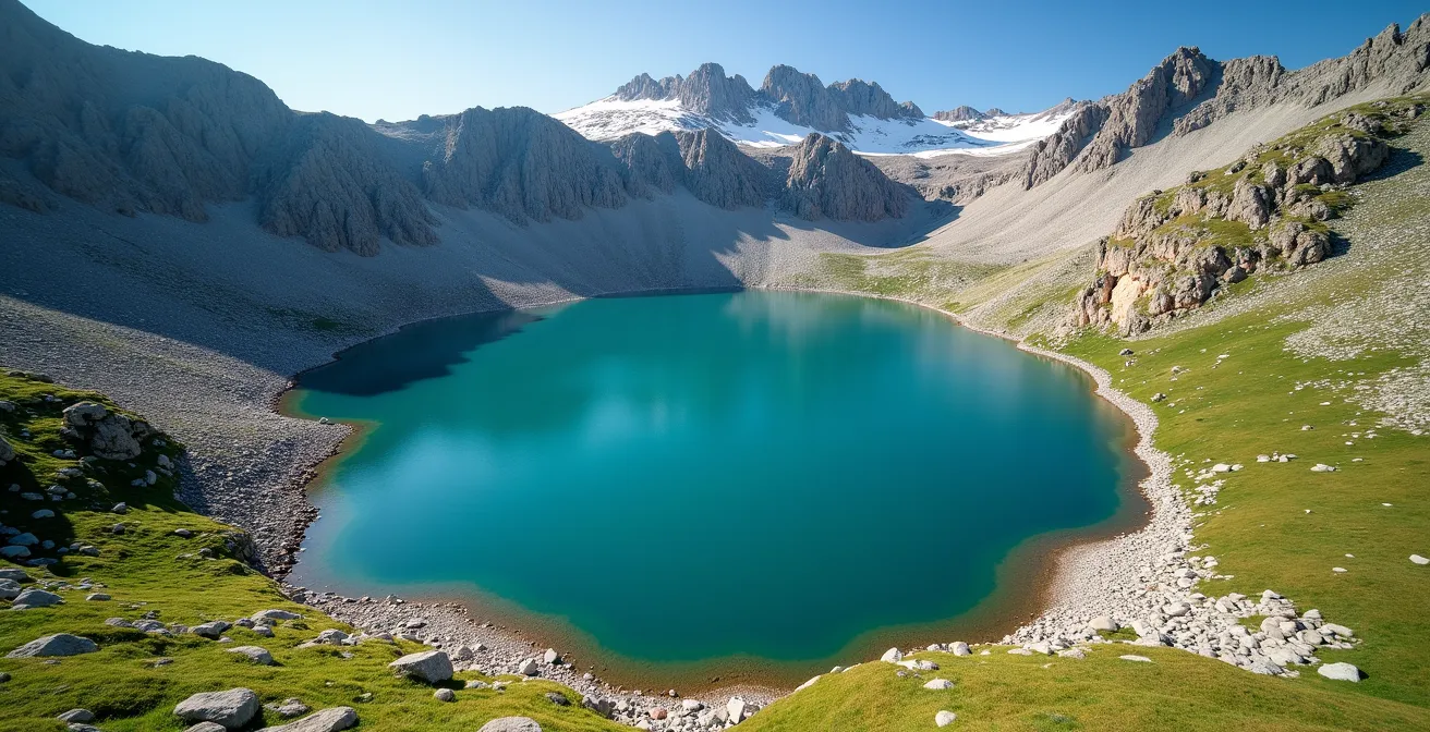 Vue aérienne du lac d'Allos entouré de sommets alpins avec ses eaux turquoise caractéristiques