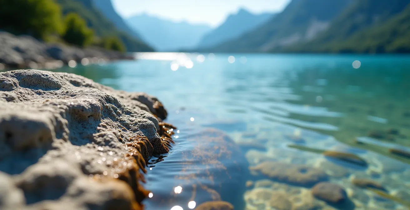Crique secrète du lac de Serre-Ponçon accessible en kayak avec eau turquoise et falaises calcaires