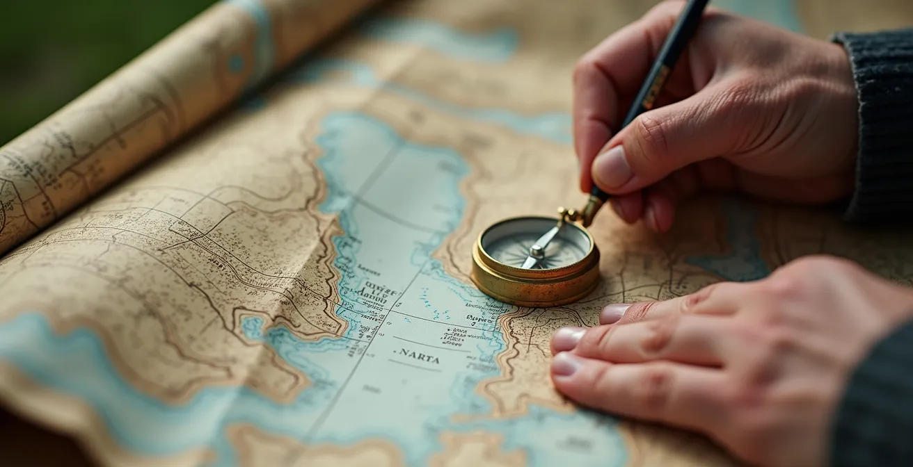 Gros plan sur des mains tenant une carte topographique avec boussole et crayon