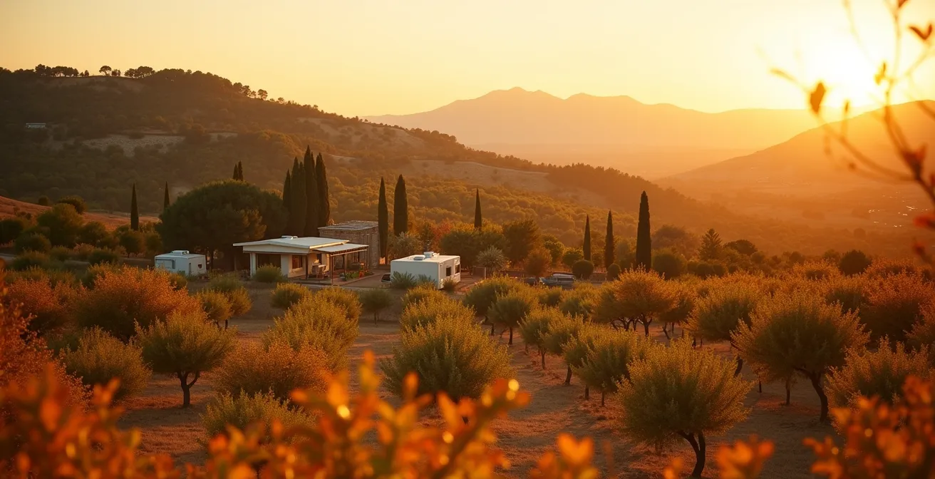Vue large d'un camping au milieu des vignes dorées d'automne avec lumière rasante