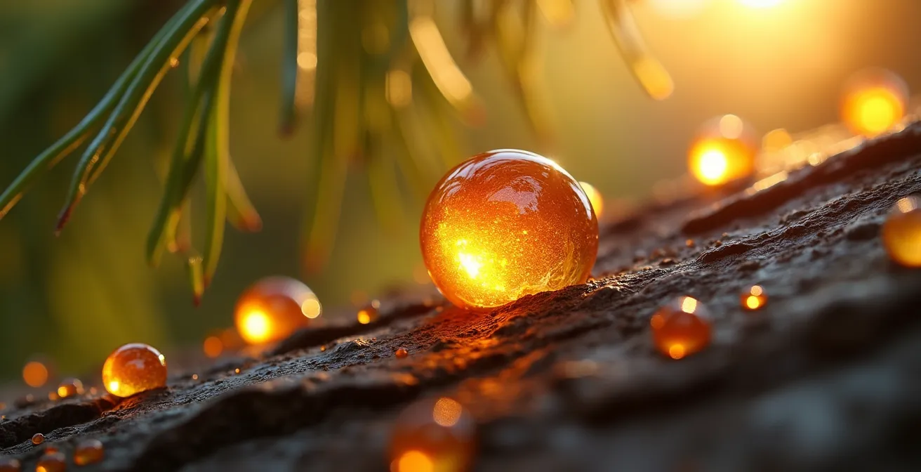 Gros plan macro sur résine de pin d'Alep avec gouttelettes dorées