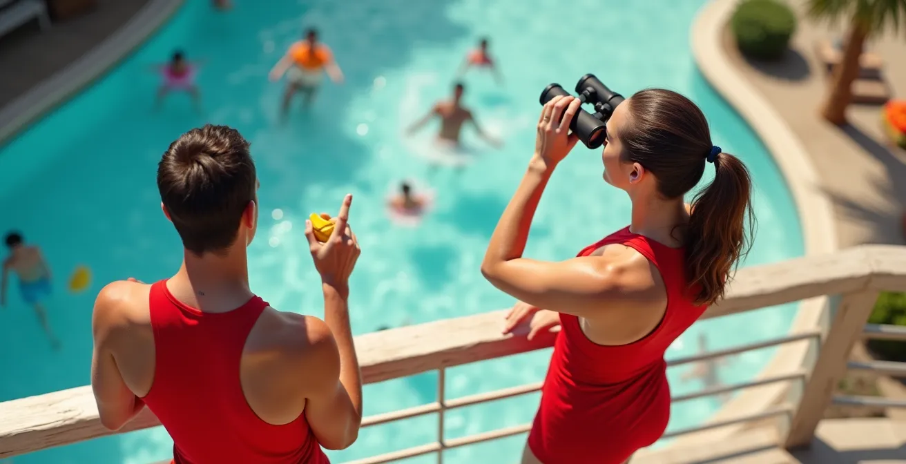 Maîtres-nageurs surveillant un parc aquatique depuis leur poste surélevé