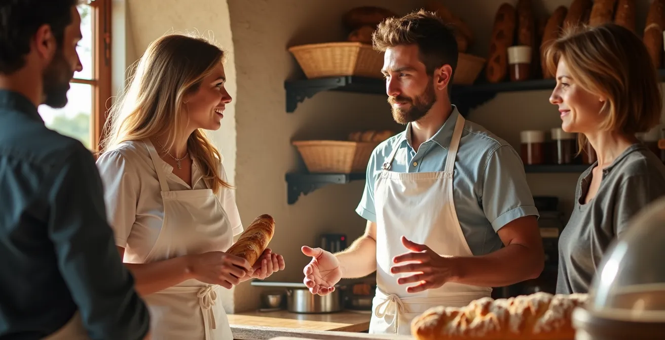 Scène chaleureuse dans une boulangerie provençale avec client et boulanger en discussion animée