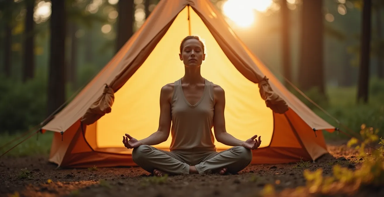 Personne méditant en position du lotus devant sa tente au lever du soleil dans une clairière provençale