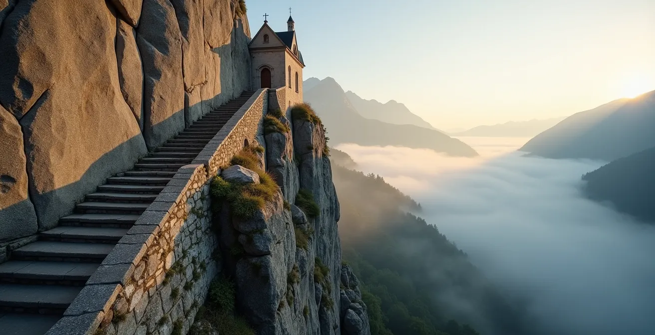 Vue matinale de la chapelle Notre-Dame de Beauvoir perchée sur la falaise de Moustiers-Sainte-Marie avec les premiers rayons du soleil illuminant la pierre calcaire