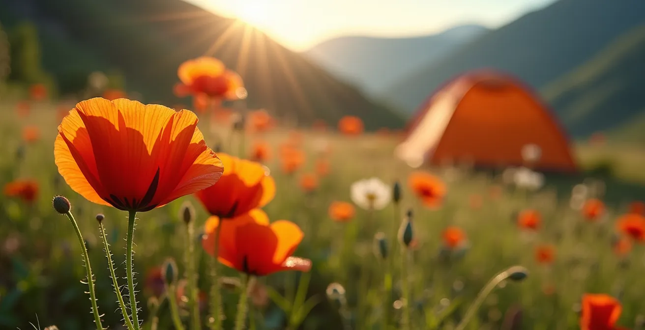Macro photographie de fleurs sauvages printanières avec tente floue en arrière-plan