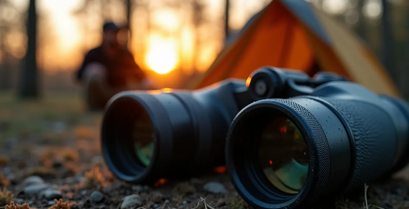 Campeur observant la nature avec des jumelles depuis sa tente à l'aube