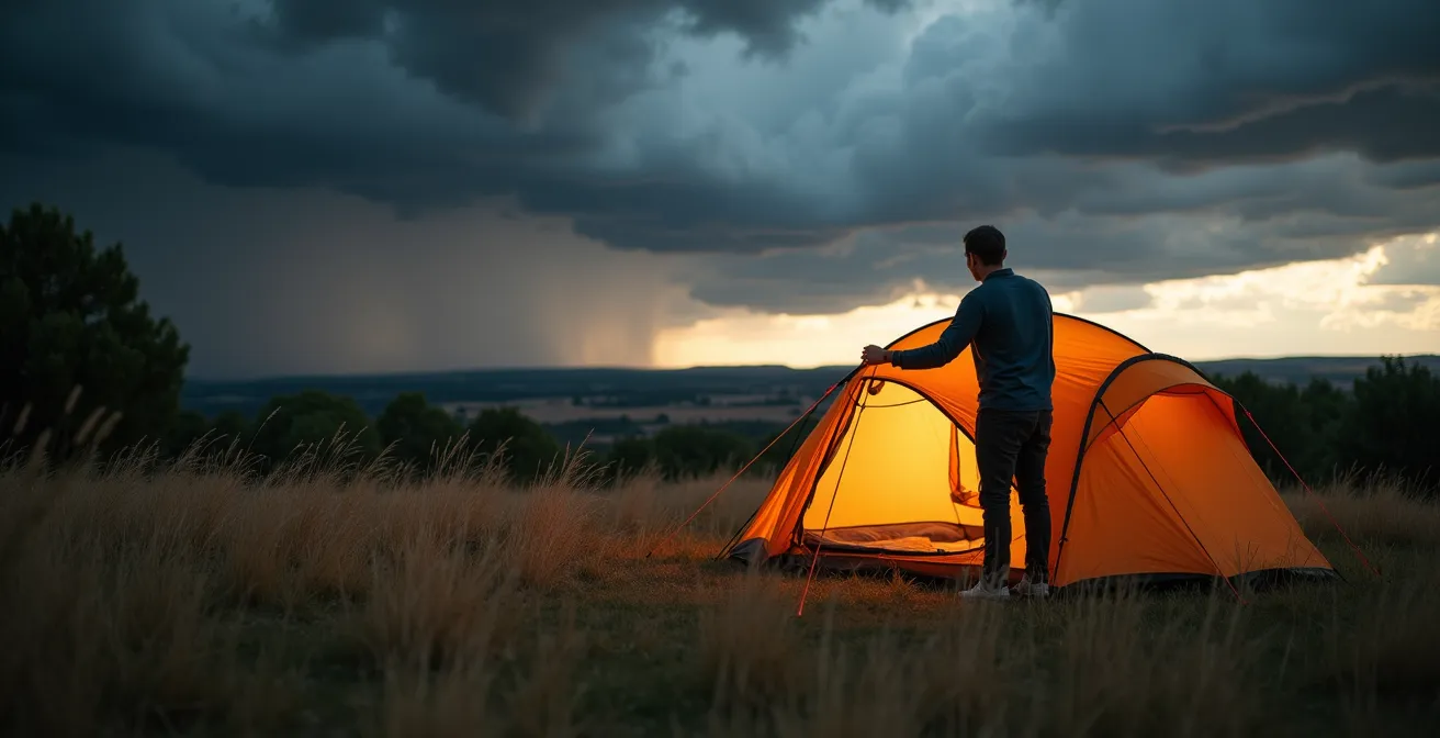 Campeur sécurisant sa tente sous un ciel orageux dramatique