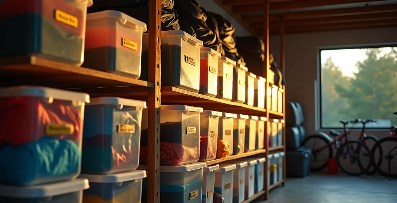 Boxes de camping étiquetées et organisées sur étagères dans un garage