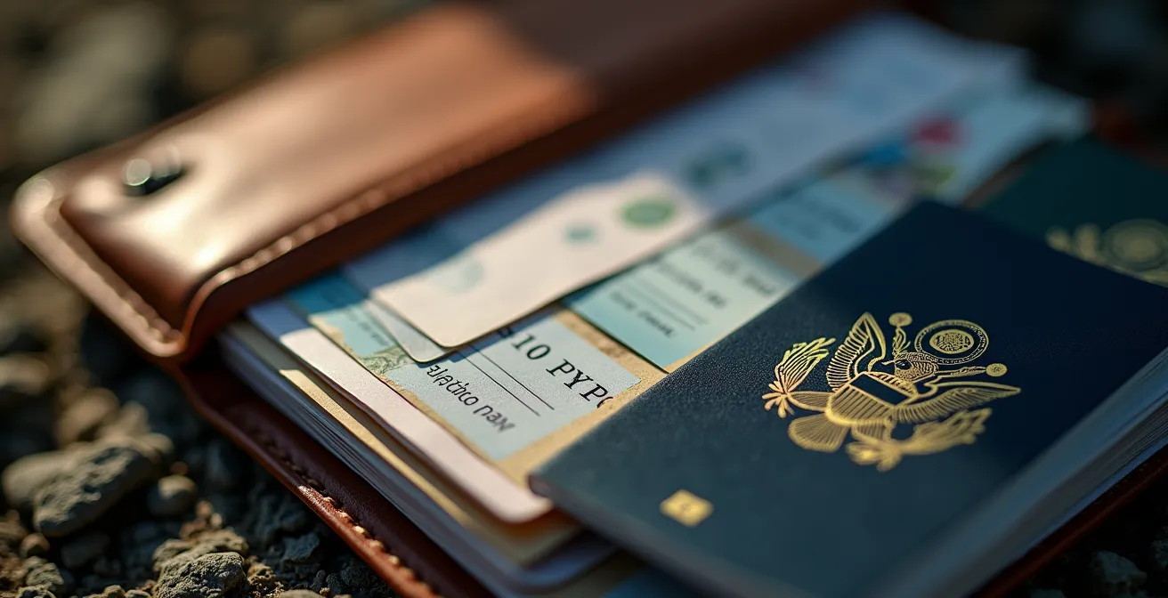 Documents de voyage organisés dans une pochette transparente avec passeports et cartes visibles de dos