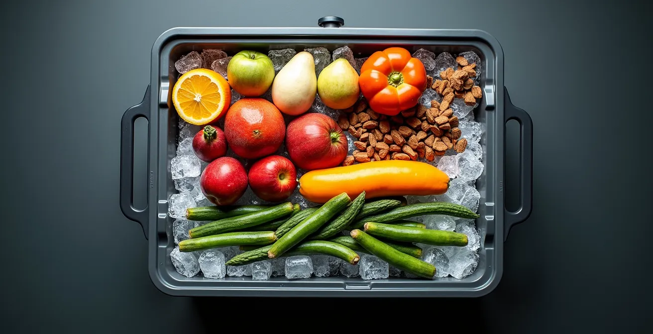 Coupe transversale d'une glacière montrant l'organisation en couches avec aliments et glace