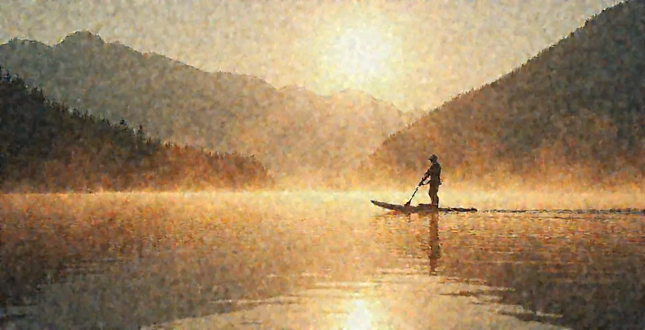 Personne en paddle sur un lac de montagne au lever du soleil avec reflets dorés sur l'eau calme