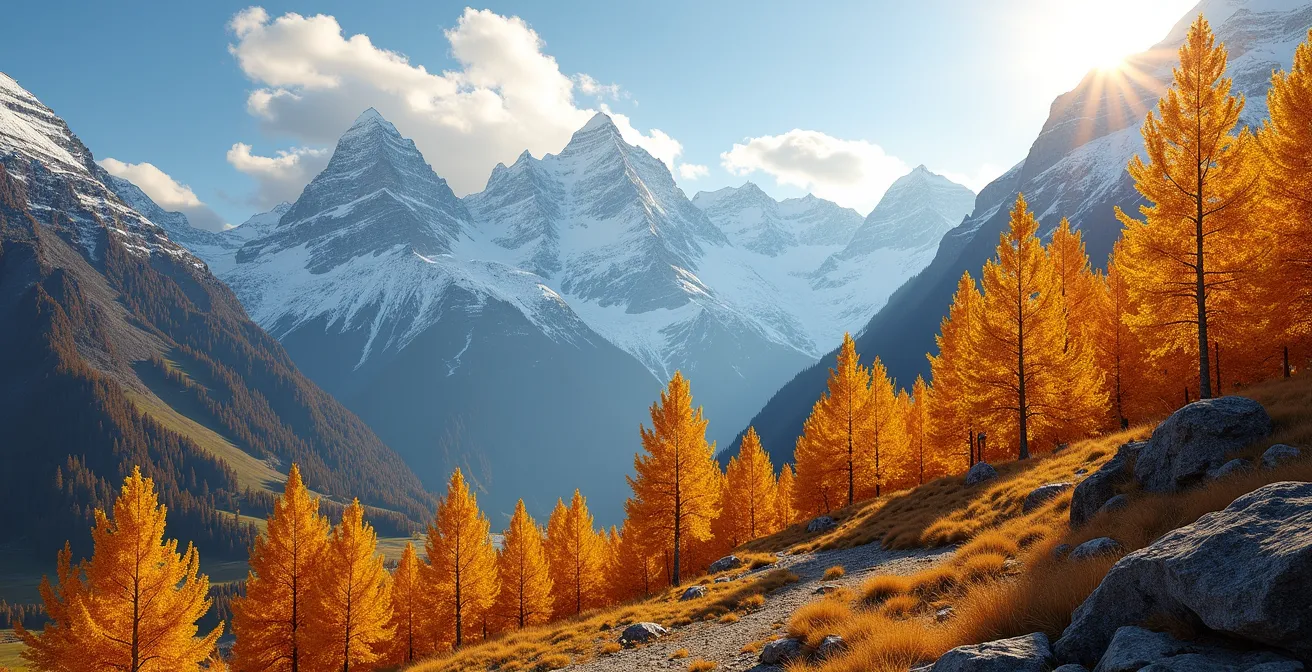 Mélèzes dorés en automne avec lumière rasante révélant les reliefs alpins