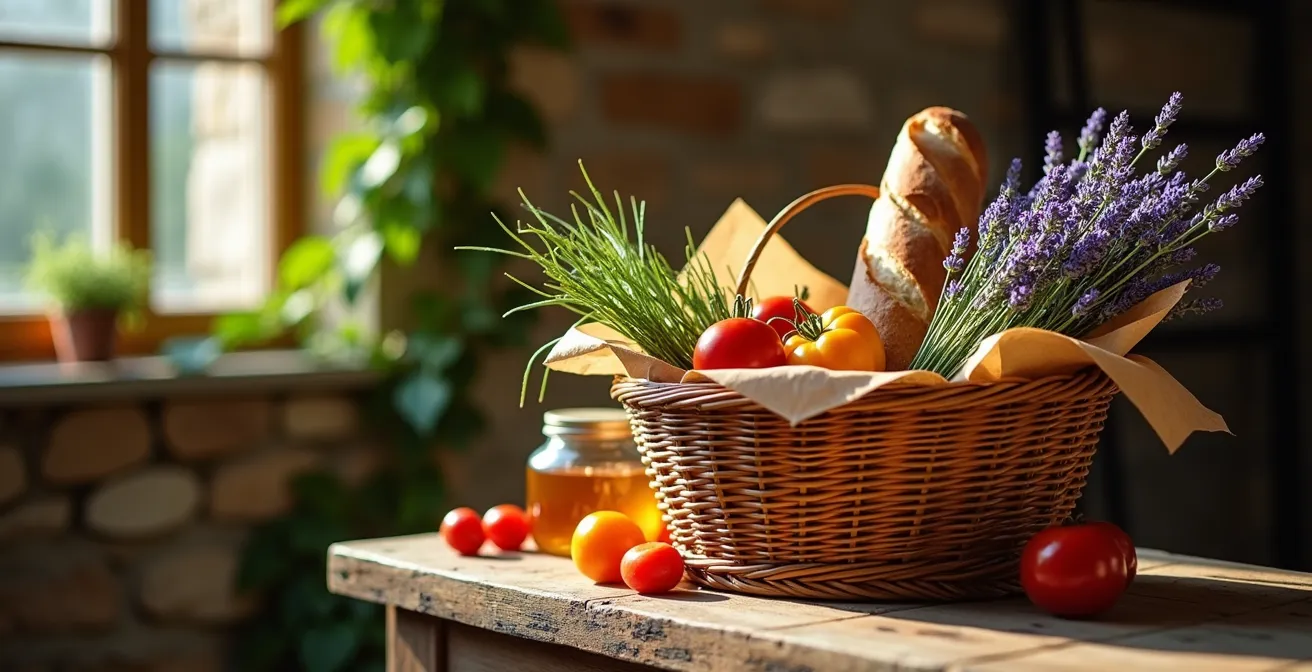 Panier en osier tressé rempli de produits frais du marché provençal posé sur une table en bois