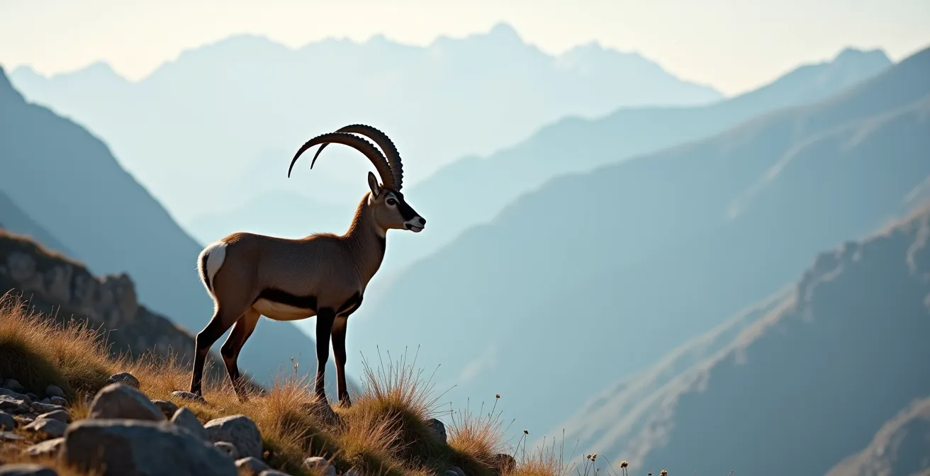Bouquetin des Alpes sur une crête rocheuse avec vue panoramique sur les sommets du Mercantour