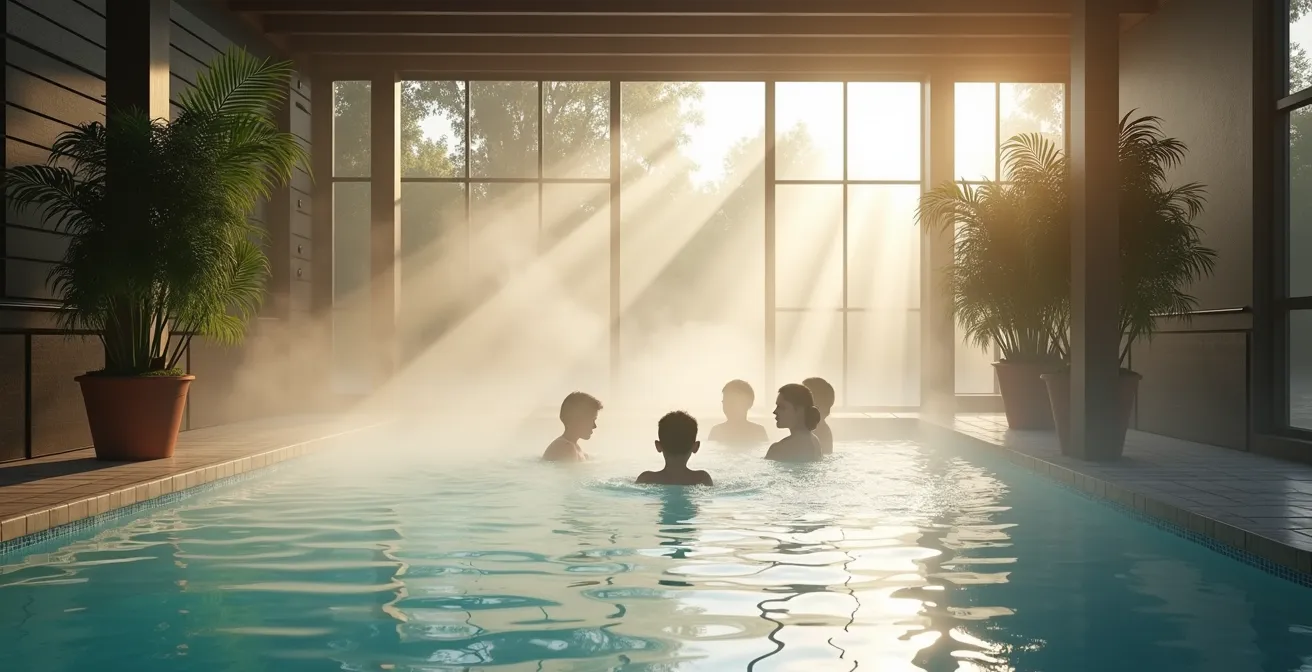 Piscine couverte chauffée avec vapeur et familles se baignant