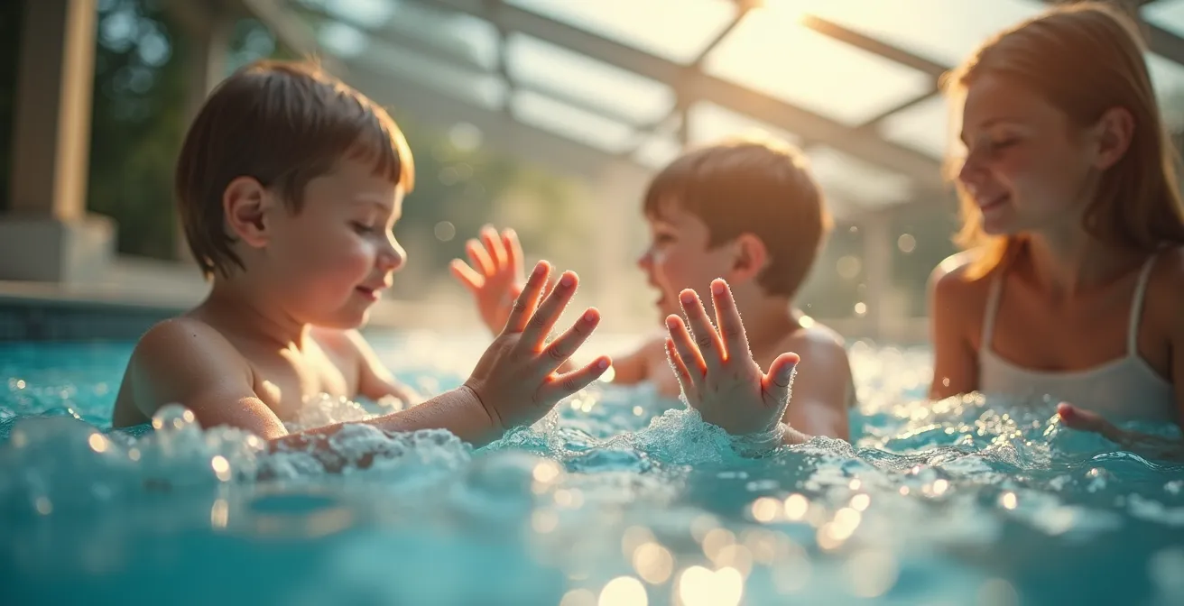 Famille se baignant joyeusement dans une piscine couverte chauffée avec vapeur d'eau visible par temps frais